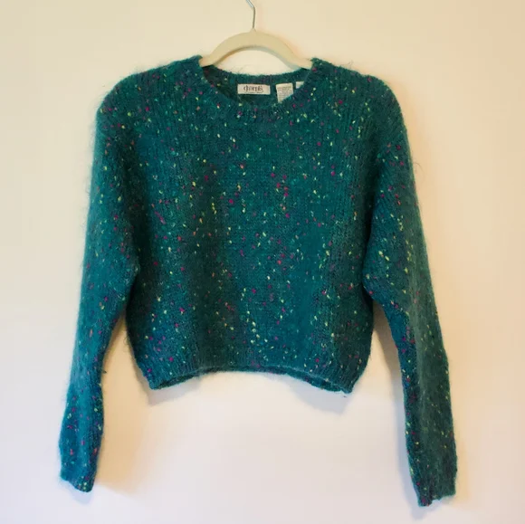 Vintage | Cropped Teal Green Funfetti Mohair Wool Sweater - Picture 2 of 6